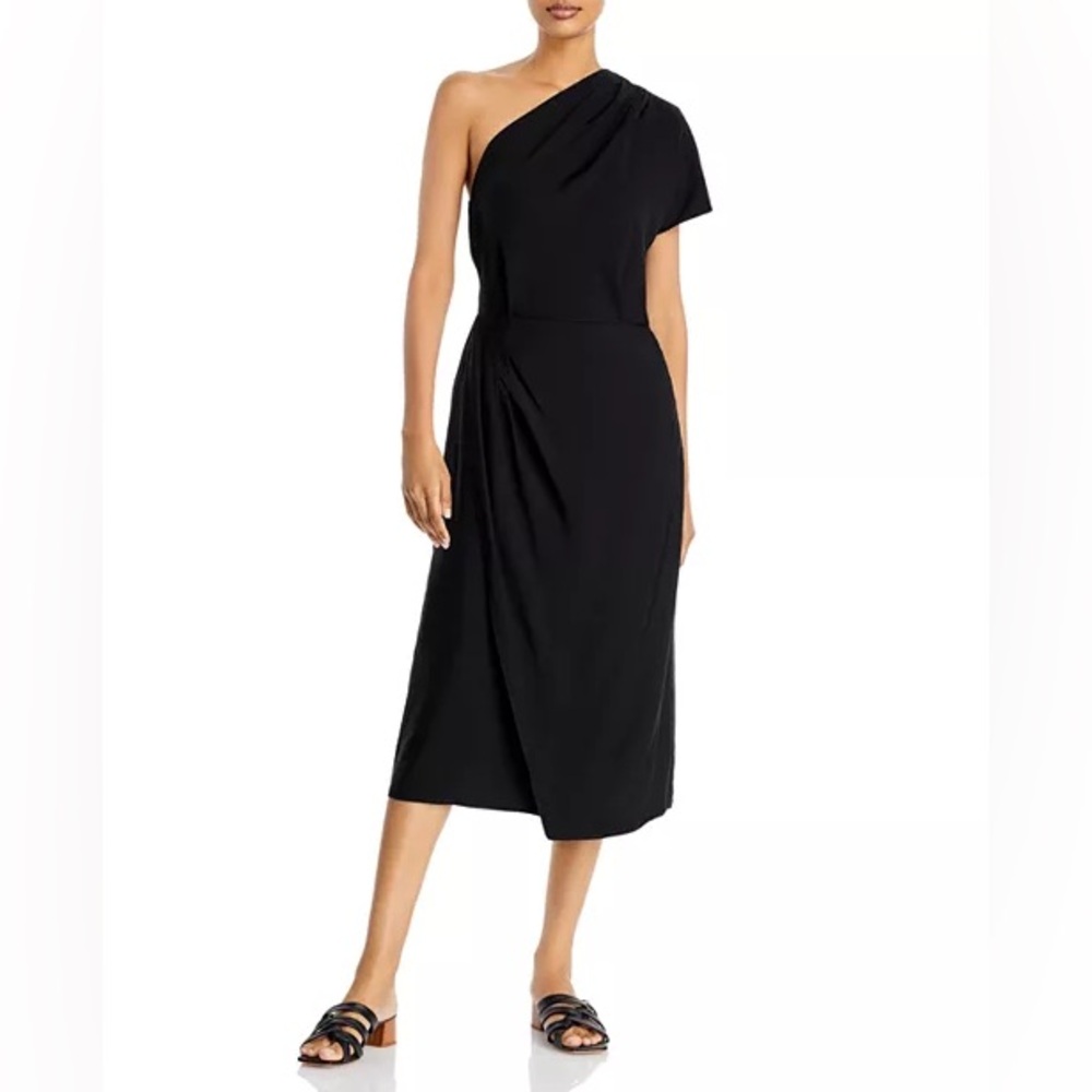 Vince Black One Shoulder Cascade Drape Front Dress